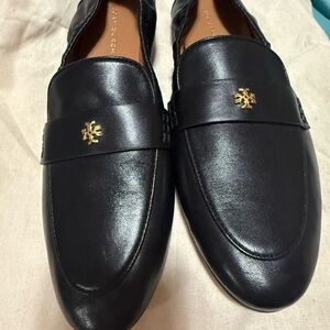 Tory Burch Black Leather Penny Loafers with Gold Logo
